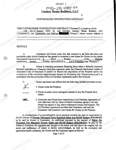 Maryland Exhibit A Custom Home Construction Contract | US Legal Forms