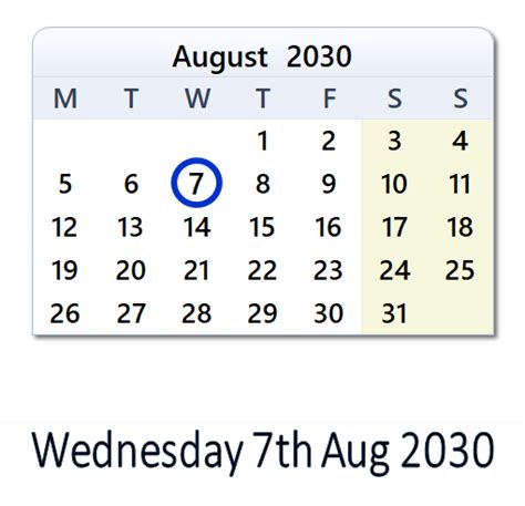 August 7, 2030 Calendar with Holiday info and Count Down - IND
