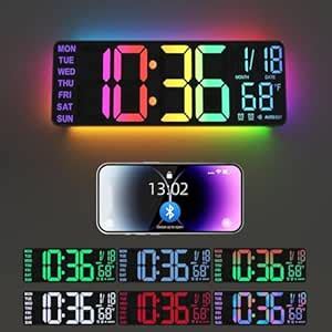 Buy YISILE 13" Digital Wall Clock with Night Light,8 RGB Color,Dual ...