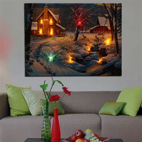 Luminous LED Lighted Light-up Canvas Christmas Night Snow Cabin Art Picture Print Home Wall ...