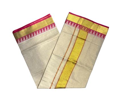 Southloom Kerala Tissue Kasavu Saree With Tample Design Pink Broder ...