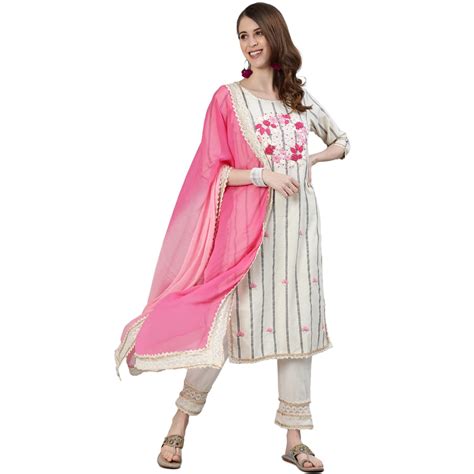 Buy ishin Women's Pure Cotton Embroidered A-Line Kurta suit set With ...