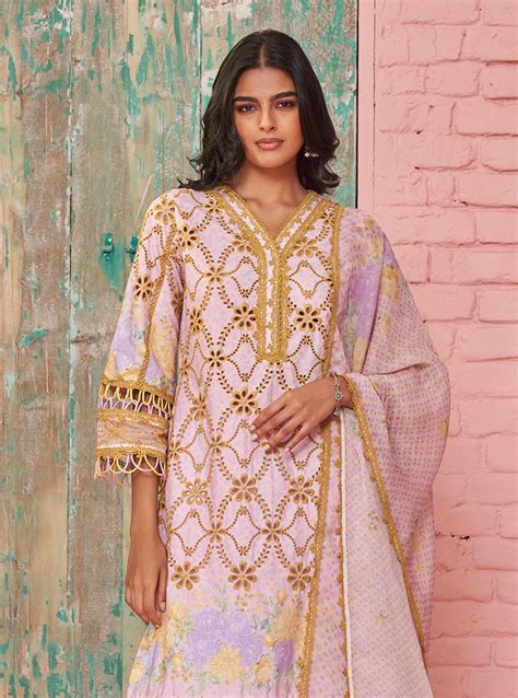 Mulmul Cotton Printed Poema Pink Kurta With Mulmul Cotton Poema Pink P