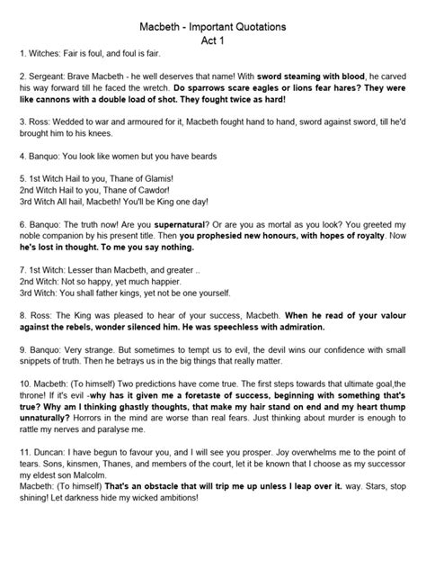 Macbeth Important Quotations | PDF | Macbeth | Shakespearean Tragedies