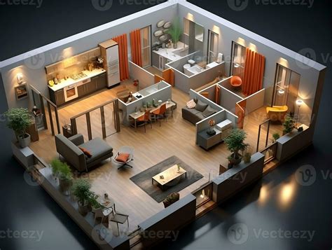 AI generated 3D floor plan of an open concept living apartment layout ...