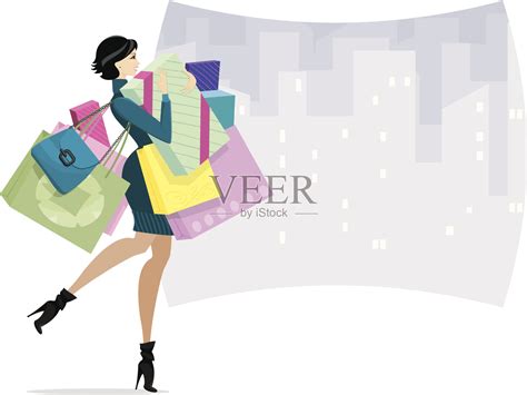 女购物者在镇上或购物狂插画图片素材_ID:306284825-Veer图库