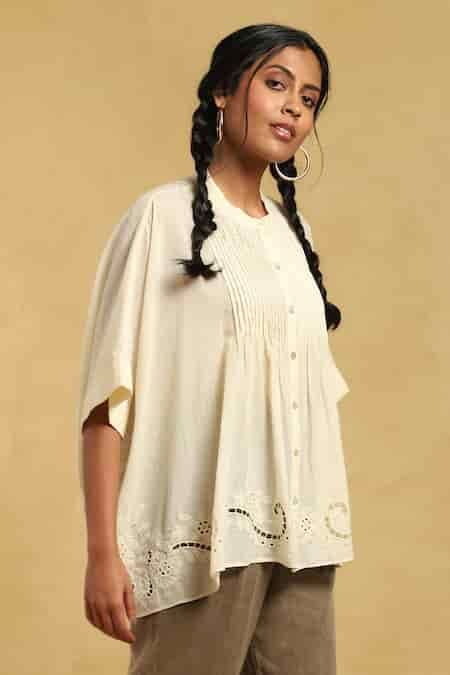 Buy Off White Cotton Satin Tassels Collared Floral Cutwork Hem Short ...