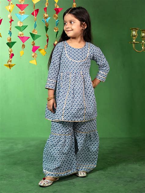 Blue Printed Cotton Kurta with Sharara - Set of 2