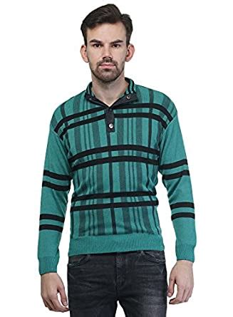 MEN'S GREEN BUTTONED ACRO WOOL PULLOVER WITH SHIRT STYLE COLLER ...