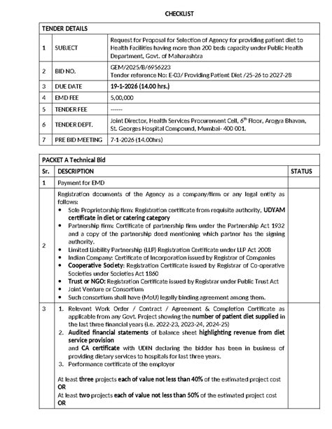 Checklist for Tender Submission: Patient Diet Services RFP - Studocu
