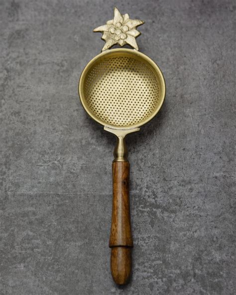 Matte Finish Brass Tea Strainer 2 Piece Set With Wooden Holder