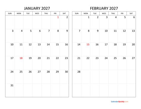 January and February 2027 Calendar | Calendar Quickly