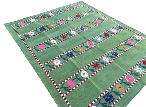 Modern Handmade Cotton Area Rug, Green And Red Flower Indian Dhurrie-6 ...