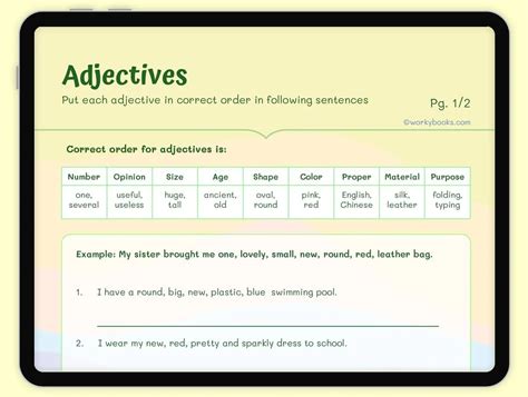 Arranging Adjectives Worksheet | L.4.1.D | Workybooks - Printable ...