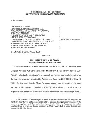 Fillable Online psc ky APPLICATION OF NEW CINGULAR WIRELESS ) PCS, LLC ...