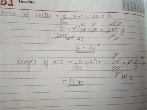 Area of sector of a circle of radius 14 cm is 24.5 pie cm^2, find ...