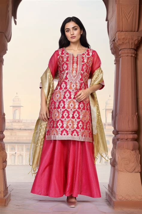 Buy Pink Ethnic Motifs Printed Embroidered Straight Woven Kurta with ...