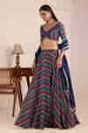 Buy Blue Viscose Gota Patti V-neck Band Stripe Print Lehenga Blouse Set ...