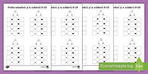 Proba adunării și a scăderii 0-10 – Fișe de lucru