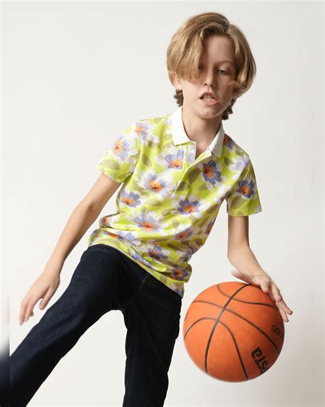 Boys Green Floral Polo T-shirt