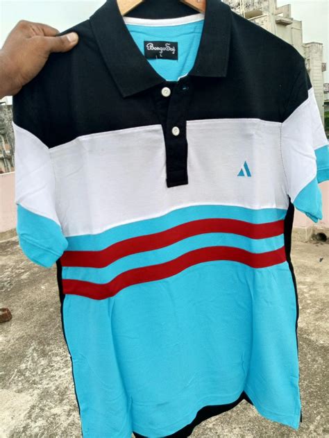 Men stylish T Shirt Navy blue, White, Turquoise Blue with Red stripe ...