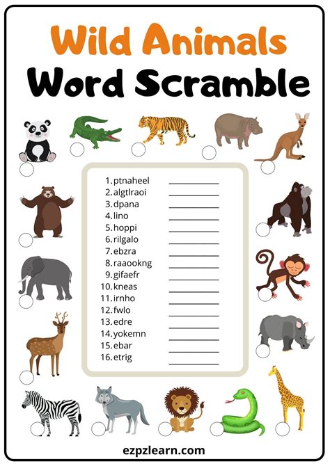 Wild Animals Word Scramble 2 - Ezpzlearn.com