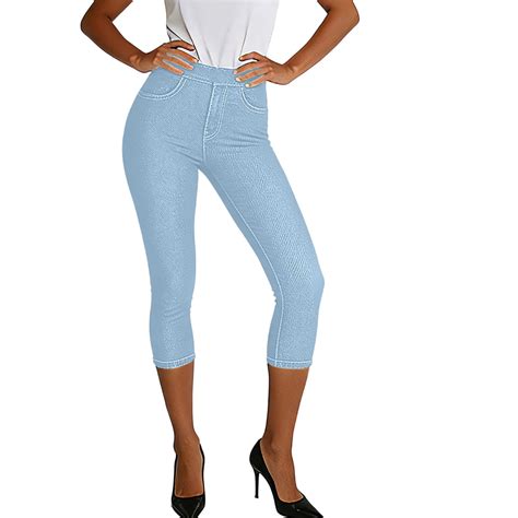 Ecqkame Women's Denim Capris Casual Solid Color Elastic High Waisted ...