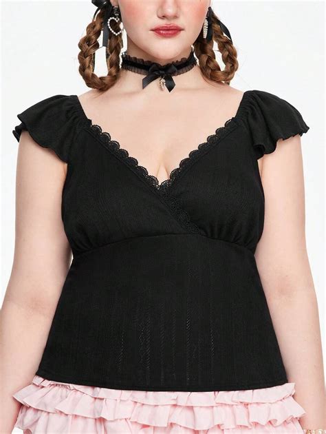 ROMWE Fairycore Vintage Knitted Women's Lace Patchwork Slim Fit Plus ...