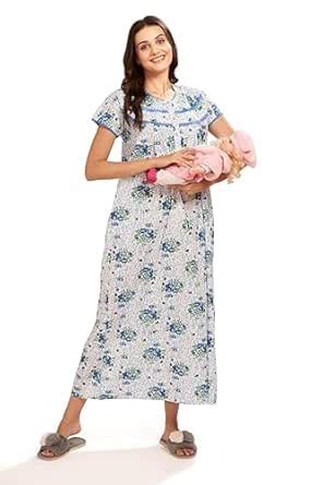 Buy AV2 Women Cotton Maxi Printed Feeding/Nursing/Maternity Nighty Blue ...