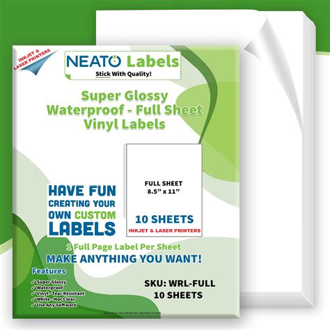 Neato Blank White Full Sheet Printable Labels Water Resistant Glossy ...