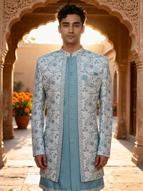 Firozi All Over Heavy Botanical Thread work Georgette Indo Jacket Set ...