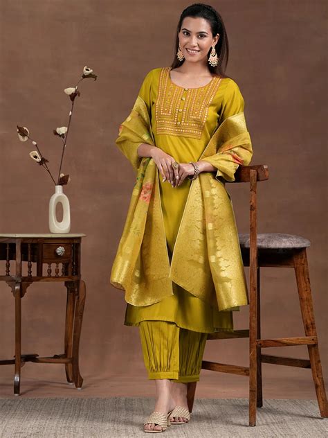 Buy Mustard Yoke Design Silk Blend Straight Suit With Dupatta Online at ...