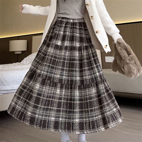 Wancir Wool Plaid Skirts for Women Fall Winter High Waisted Midi Length ...