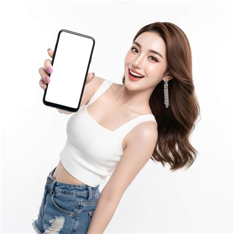 Smiling asian woman presenting smartphone with blank white screen ...