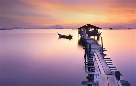 Download wallpaper sea, sunset, dock, canoe, section landscapes in ...