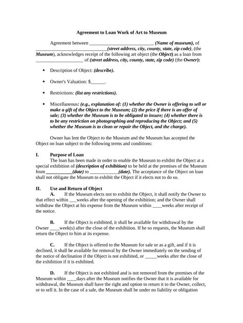 Agreement to Loan Work of Art to Museum Doc Template | pdfFiller