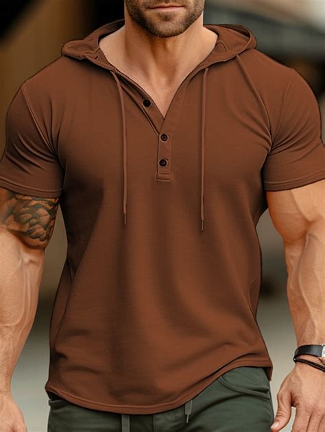 Herren Henley Shirt T-Shirt Glatt Mit Kapuze Strasse Urlaub Kurze Ärmel ...