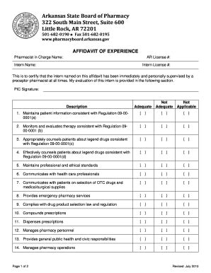 Fillable Online pharmacyboard arkansas AFFIDAVIT OF EXPERIENCE ...