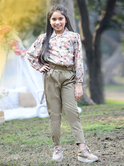 Cutiekins Collar Neck Foral Printed Regular Top & Trousers Set -Baige
