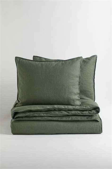 Dark khaki green Linen double/king duvet cover set at H&M Home | H&M IN