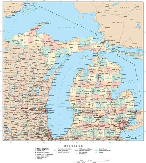 Michigan Adobe Illustrator Map with Counties, Cities, County Seats ...