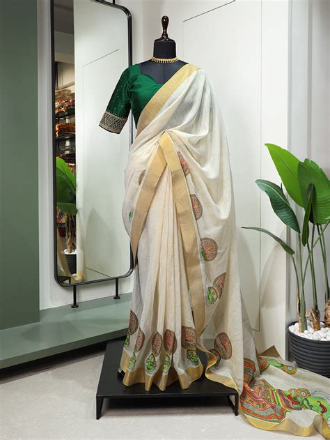 Kathak Design Printed Kasavu Zari Border Saree – Looknbook Art