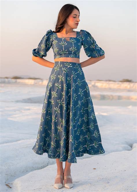 Get Lantern Sleeve Detail Blue Crop Top With Skirt Co-ords at ₹ 6550 ...