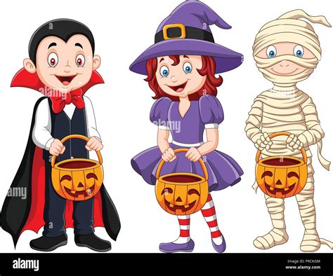 Cartoon kids with Halloween costume holding pumpkin basket Stock Vector ...