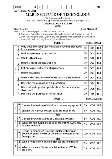 Operating Systems A6CS11 Supplymentary - H NO. R 2 R Course Code: A6CS ...