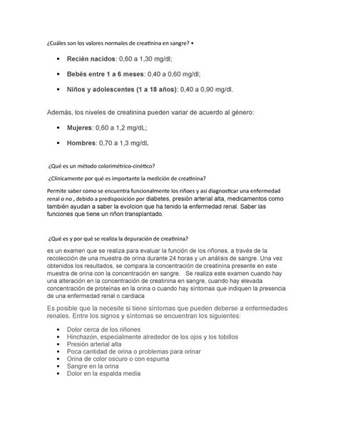Cuáles son los valores normales de creatinina en sangre - Además, los ...