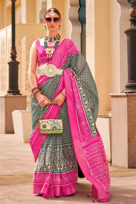 Buy Grey Printed Silk Patola Saree zb131007 | Saree Buta