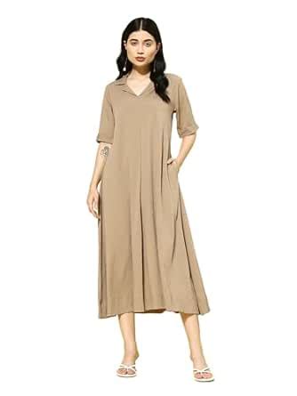 Buy Varanga Women Beige Shirt Collar A-Line Dress – Stylish Calf Length ...
