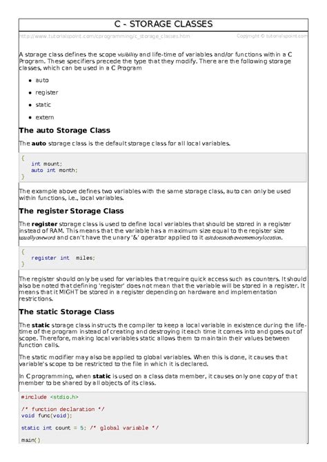 C Storage Classes - Detailed Notes and Examples - Studocu
