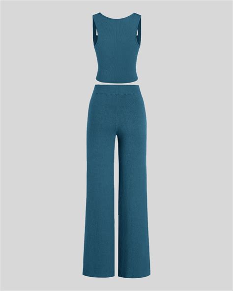Set Of Two Ruched Square Neck Crop Top With Trouser In Teal Blue ...